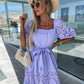 🍃Women’s Trendy Patchwork Tie Waist Square Neck Long Dress💃