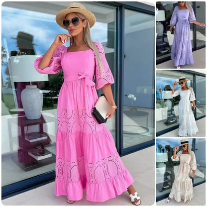 🍃Women’s Trendy Patchwork Tie Waist Square Neck Long Dress💃