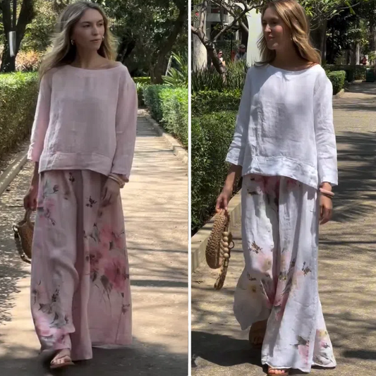 🌸Spring Specials🌸 Solid Tops ＆ Floral Wide-Leg Pants (2-Piece Set)🔥