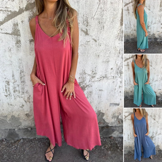 💞Women's Casual Loose Cotton-Linen Blend Jumpsuit with Pockets and Adjustable Straps