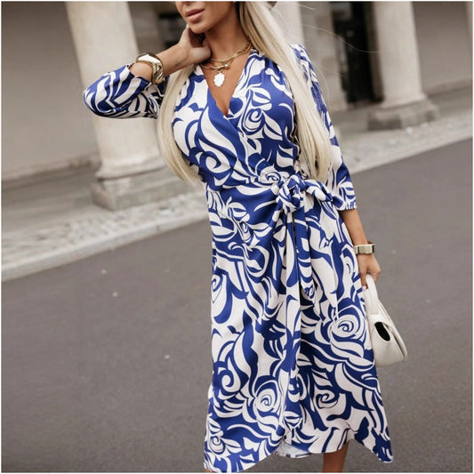 V-Neck Fashion Printed Waist Tie Dress