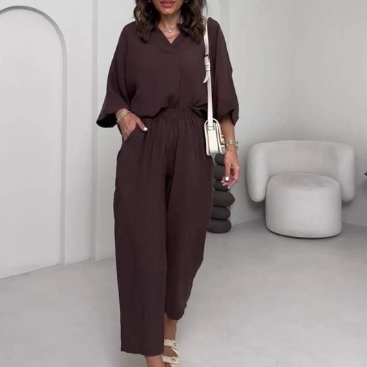 Women's V-Neck Top & Ankle Pants Casual Set