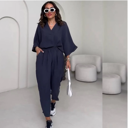Women's V-Neck Top & Ankle Pants Casual Set