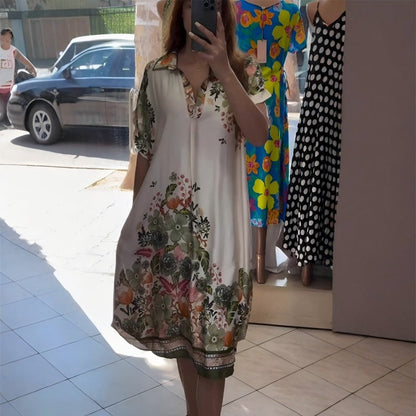 Loose V-Neck Lapel Design Floral Dress